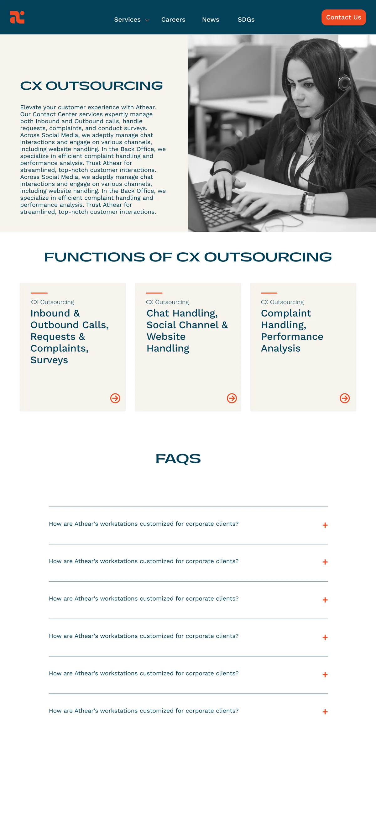CX Outsourcing page with functions and FAQs