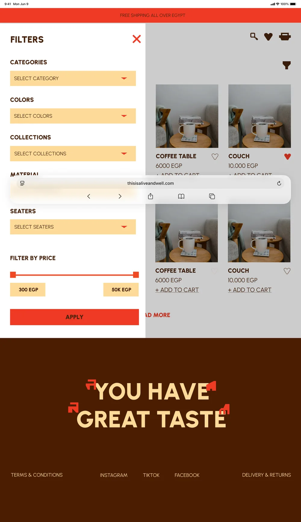Product listing with the filters panel open