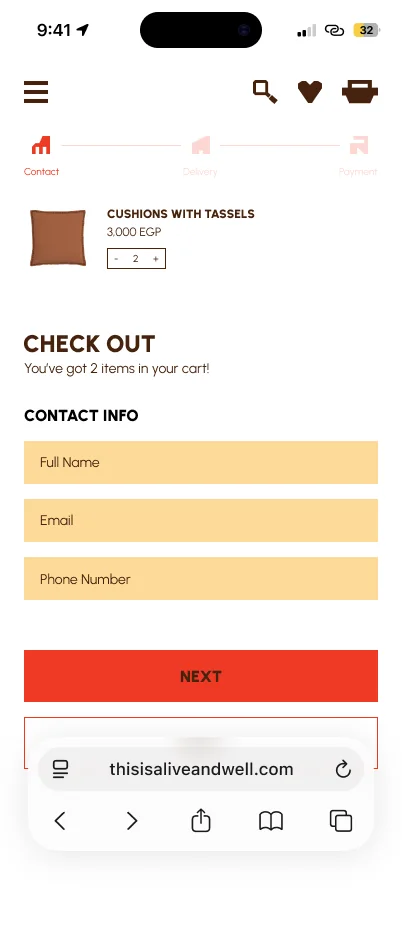 Alive and Well Checkout: contact on mobile