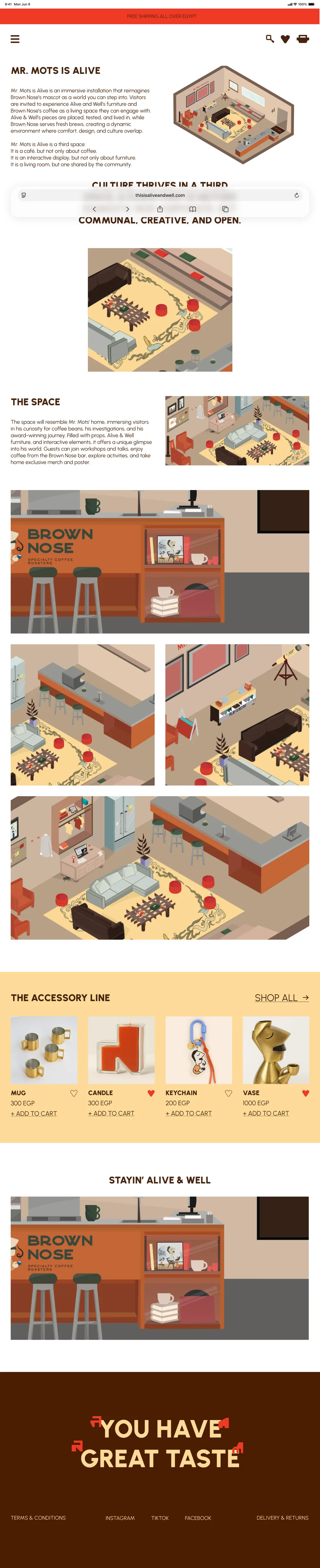 Collaboration page for the Mr. Mots is Alive installation with its accessory line