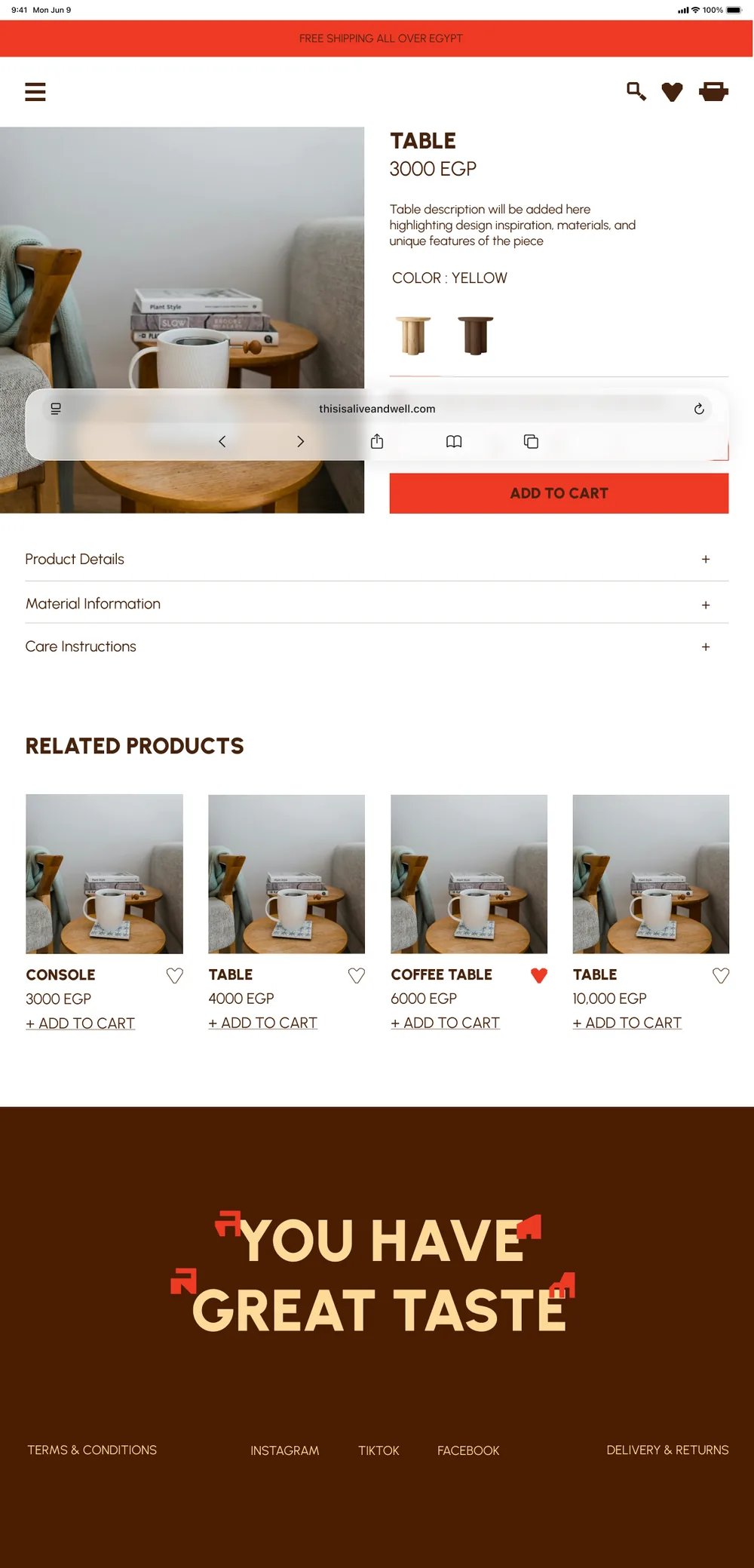 Product page with colour options and related products
