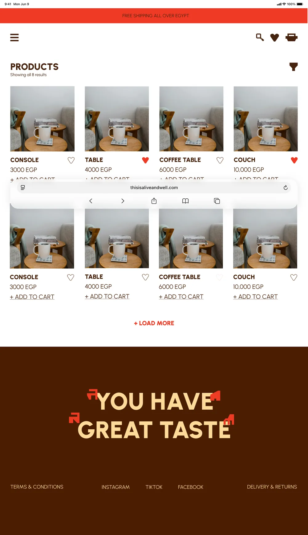 Product grid with wishlist hearts