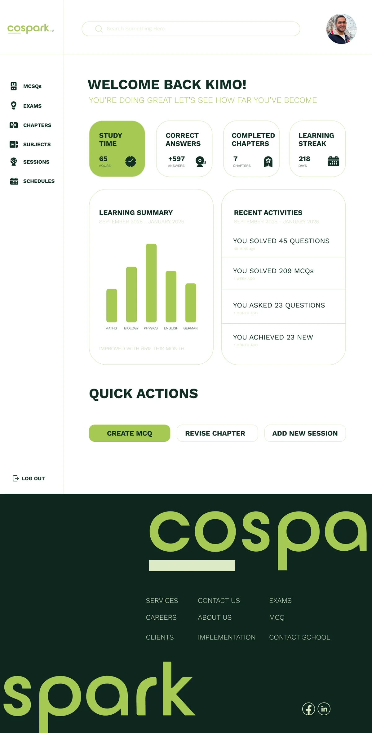 Dashboard with study stats, learning summary, recent activity and quick actions
