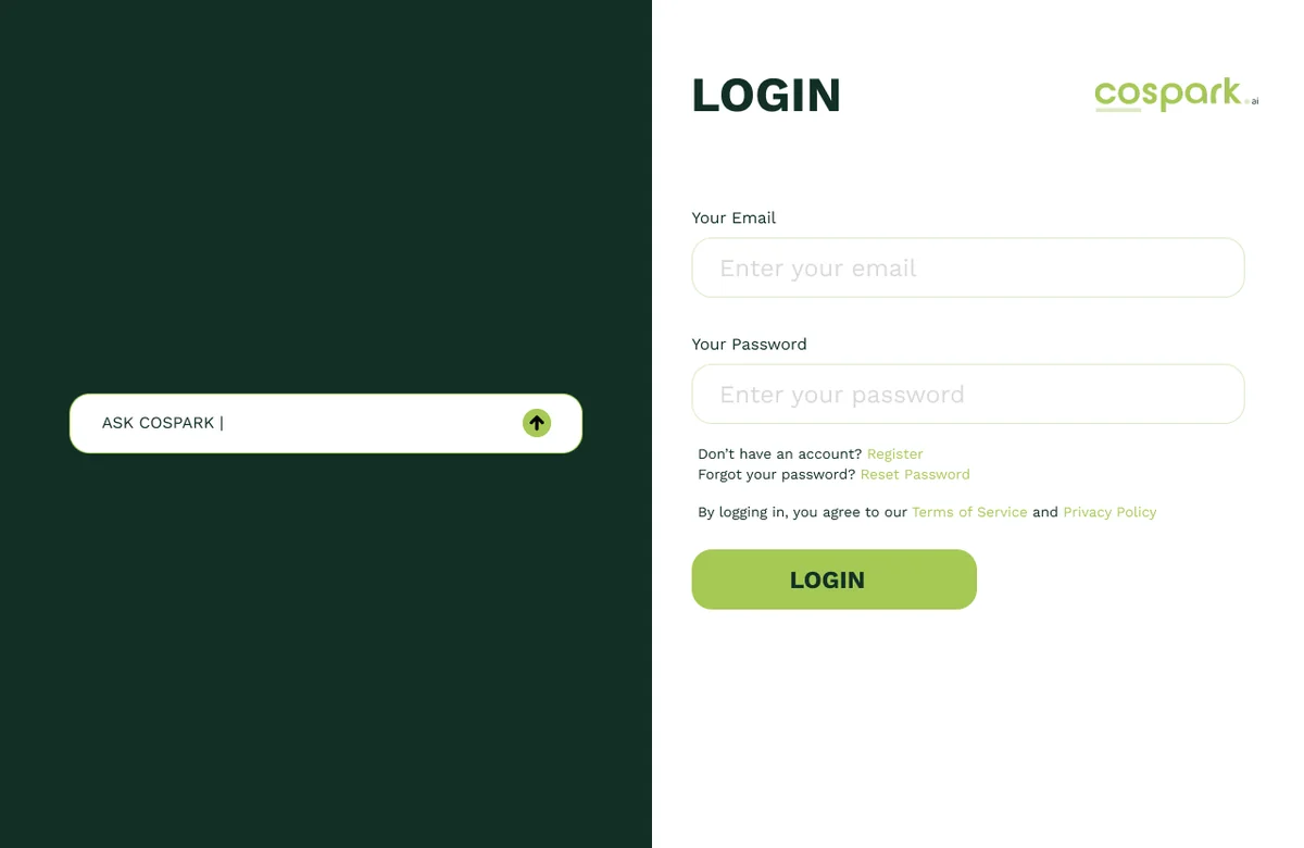 Login screen with an Ask Cospark prompt