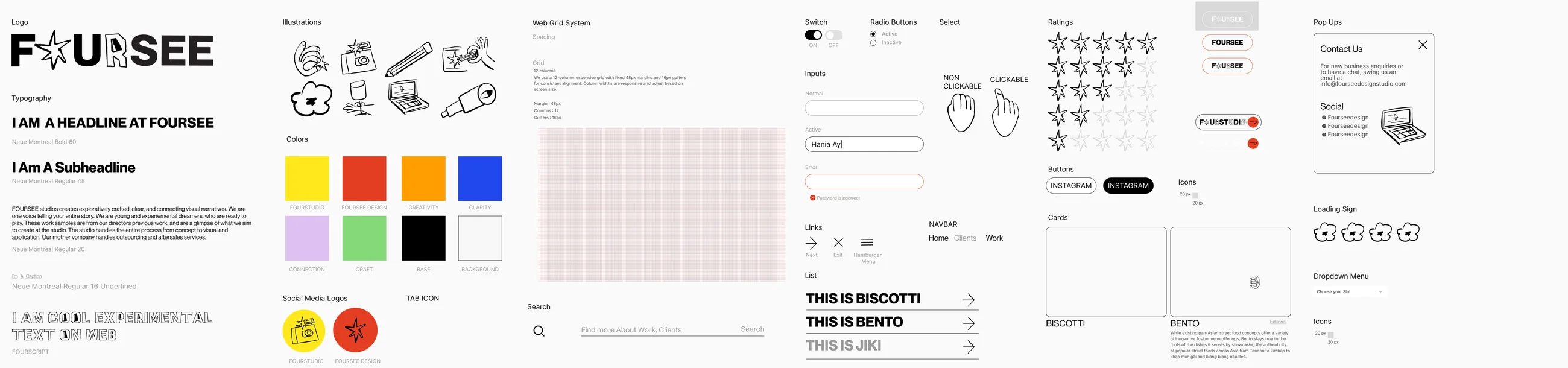 FOURSEE style guide: logo, typography, colours, illustrations, grid, form controls, buttons, cards, pop-ups and loaders
