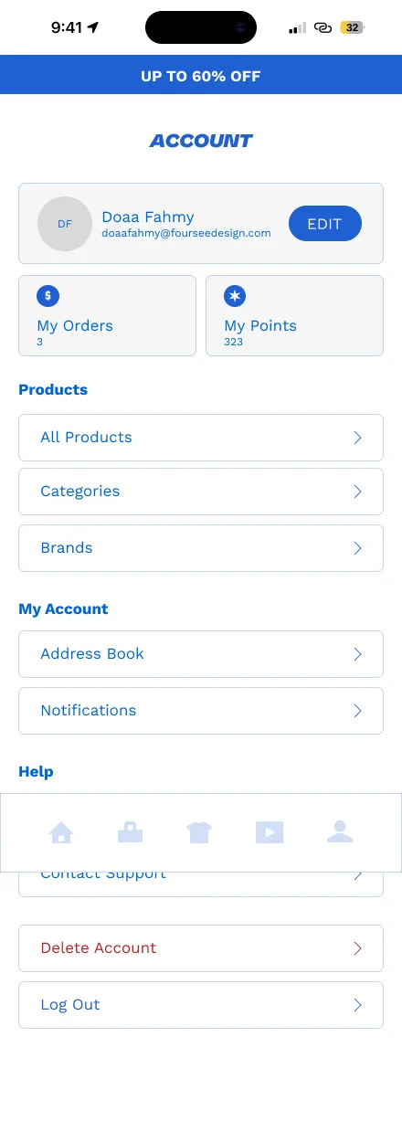 Account with orders, points, address book and notifications