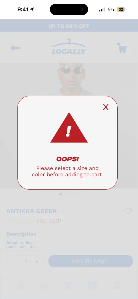 Oops pop-up asking to select a size and colour