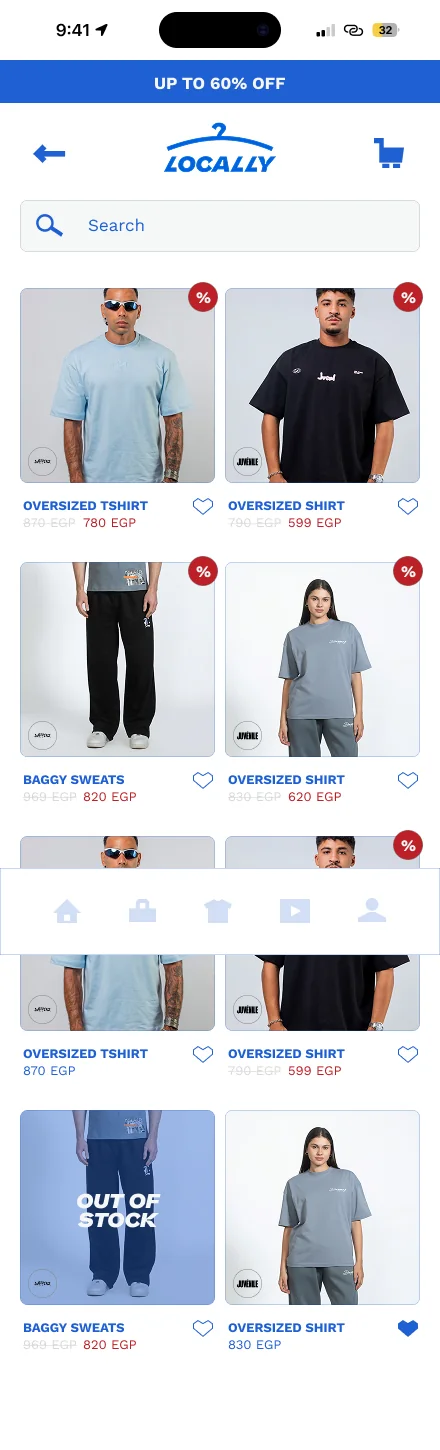 Product grid with discount badges, brand badges and an out-of-stock state