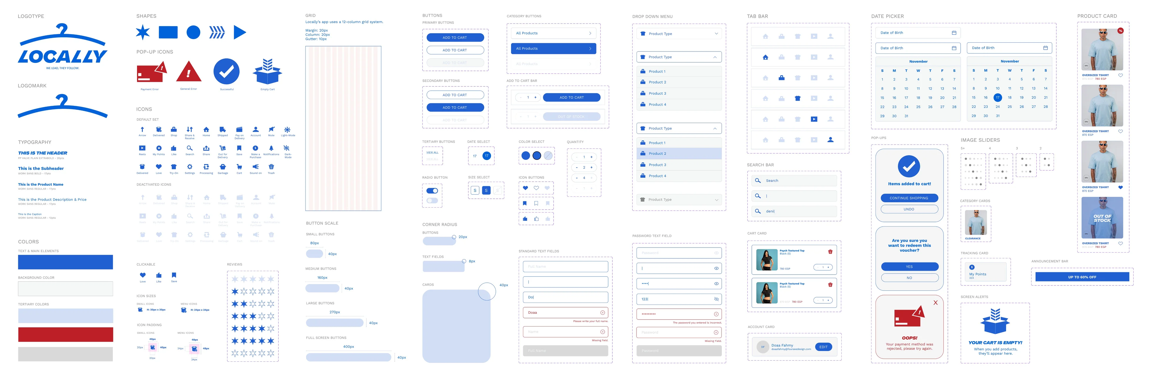 Locally UI kit: logotype, shapes, pop-up icons, icon set, typography, colours, grid, buttons, dropdowns, tab bar, date picker, product cards and pop-ups
