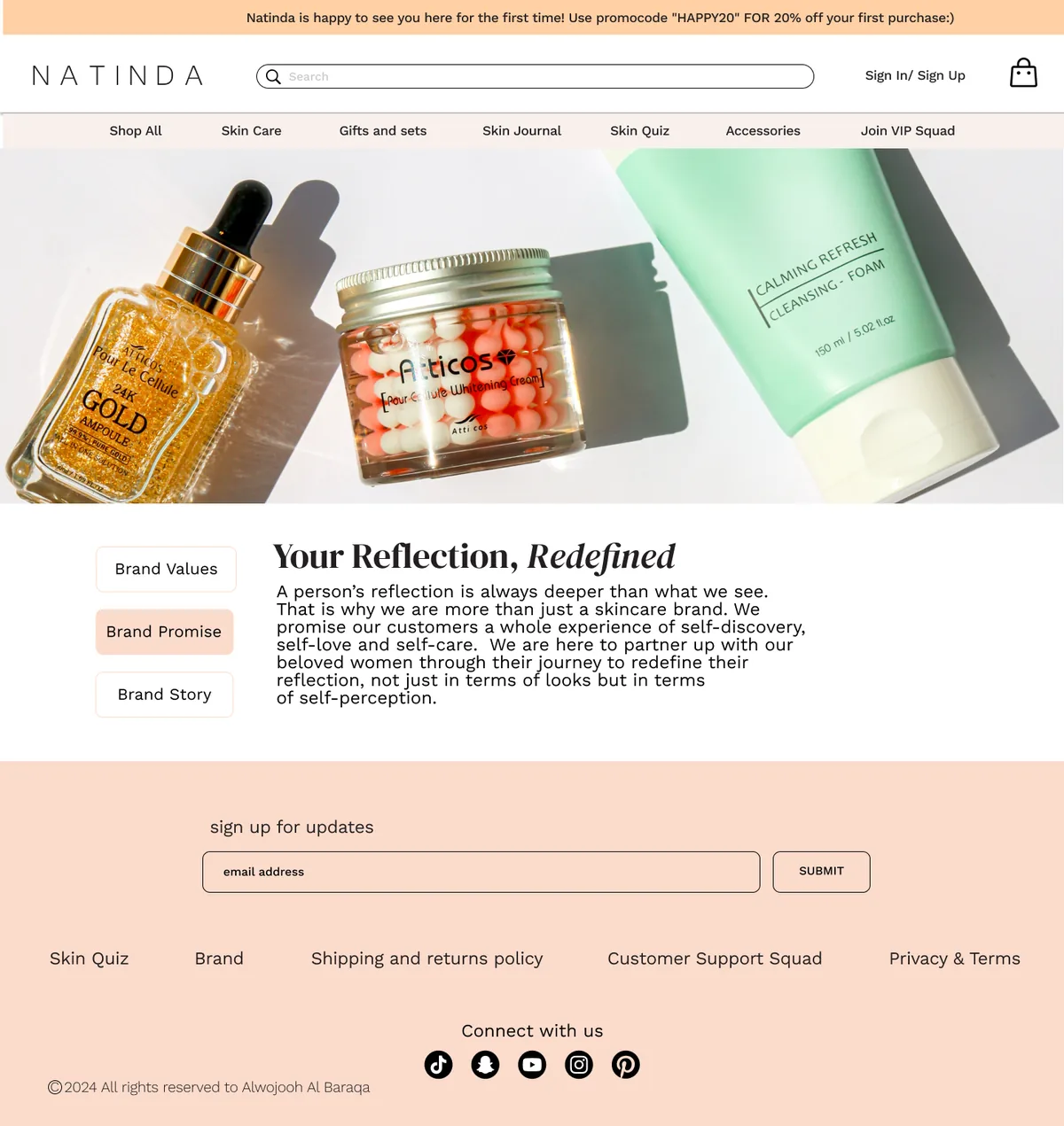 Brand page with values, promise and story tabs