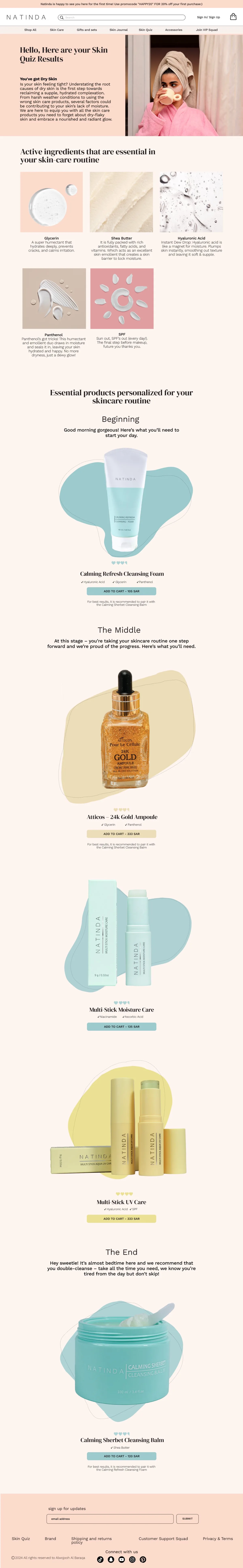 Skin quiz results for dry skin with ingredients and a routine