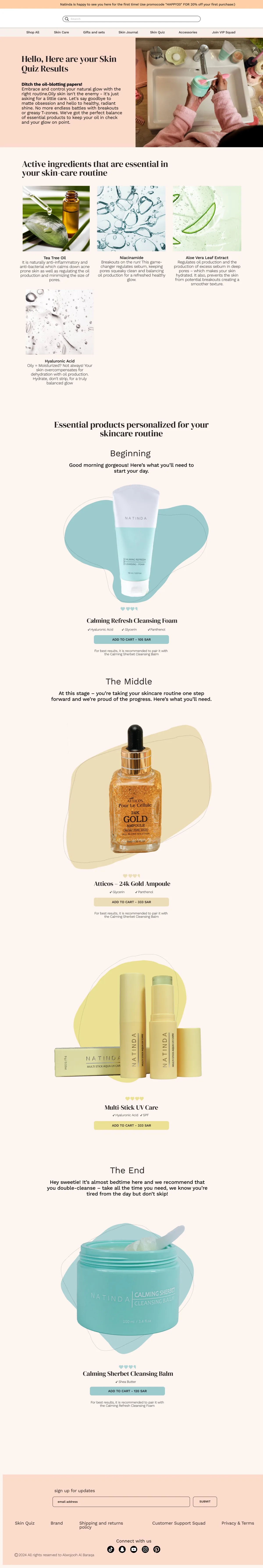 Skin quiz results for oily skin with a different routine